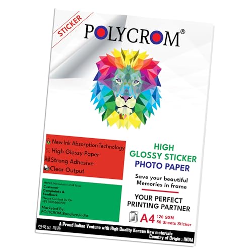 Polycrom Korean Photo Glossy Inkjet Sticker Paper A4 Size - White,Vibrant, Crisp, Smudge Proof, Dry Fast : 120 GSM 50 Sheets