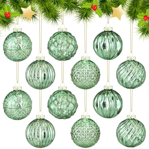 Jenaai 12 Pcs 2.36 Inch Christmas Ball Ornaments Glass Christmas Tree Decorations Hanging Xmas Decorations for Trees Party Wedding Holiday, 6 Style