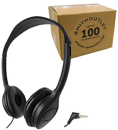 SmithOutlet (100 Pack Low Cost Headphones in Bulk | Part SG-313-100 | Wired 3.5 MM Jack Connectivity | Black Leatherette Cushions | Ideal for Schools, Classrooms, Students, Library