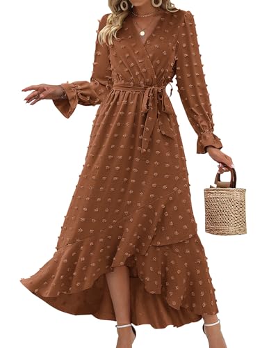 BTFBM Long Sleeve Maxi Dresses for Women V Neck Swiss Dot Boho Flowy Slit Cocktail Wedding Guest Dress Fall Clothes 2025