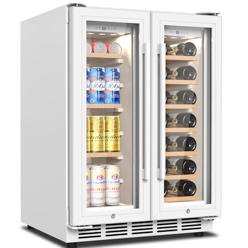 FoMup Wine and Beverage Refrigerator, 24 Inch Beverage Cooler Dual Zone with Glass Door, Under Counter Beverage Fridge with Upgraded 65 Cans 18 Bottles Large Capacity, White