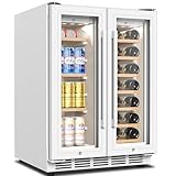 FoMup Wine and Beverage Refrigerator, 24 Inch Beverage Cooler Dual Zone with Glass Door, Under Counter Beverage Fridge with Upgraded 65 Cans 18 Bottles Large Capacity, White