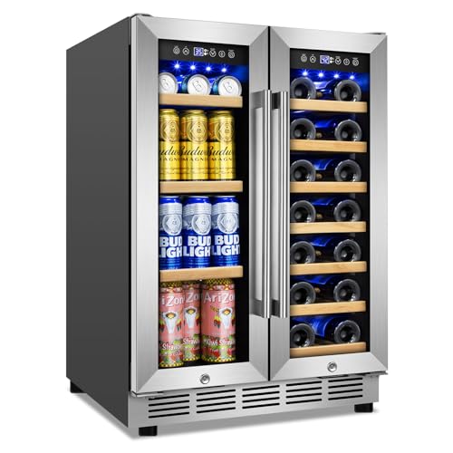 FoMup Wine and Beverage Refrigerator, 24 Inch Beverage Cooler Dual Zone with Glass Door, Built-in/Freestanding Beverage Fridge with Upgraded 20 Bottles and 90 Cans Large Capacity
