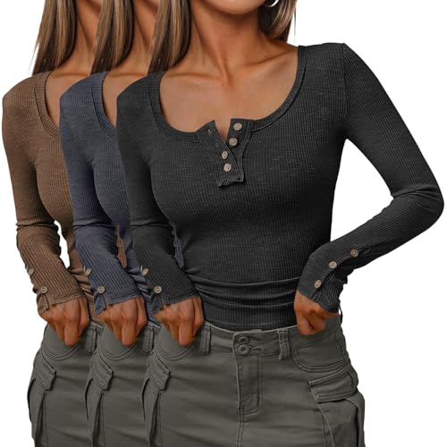 SUNBS Womens 3 Packs Long Sleeve Shirts Henley Casual Tops Basic Ribbed Knit T Shirts Fall Winter