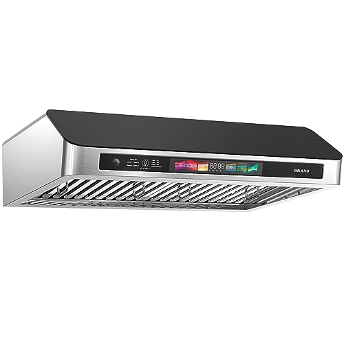 BRANO Under Cabinet Range Hood 30 Inch with Voice/Gesture/Touch Control, 900 CFM Kitchen Hood Vent with 4-Speed Exhaust Fan, Memory Mode, Adjustable Lights, Baffle Filters