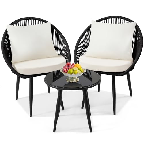wildformers 3 Pieces Bistro Set, Woven Rope Chair with Cushions, All Weather Patio Conversation Set and Side Table, Ideal for Deck, Balcony, Poolside