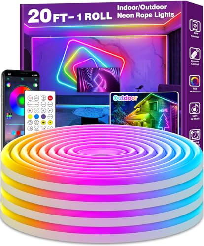 20Ft Neon Rope Lights,Flexible Led Rope Lights Control with App/Remote,Multiple Modes Rope Lights,IP65 Outdoor RGB Led Neon Lights Waterproof,Music Sync Gaming Led Neon Light Strip for Bedroom Decor