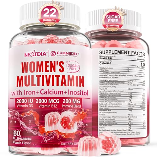 Methylated Multivitamin for Women Gummies, Calcium, D3 K2, Methylfolate & B12, Inositol, Daily Vitamin A C E, B Complex, Biotin, Zinc, Iron -Energy, Immune, Bone, Skin, Hair - Vegan, Sugar Free, 60Cts
