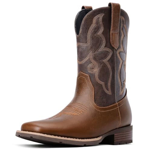 Dixhills Cowboy Boots For Men - Brown Western Boot Men's Cowboy Boots With Square Toe | Cowboy Western Boot | Pull-on Boots| Old West Style Embroidered Size 10