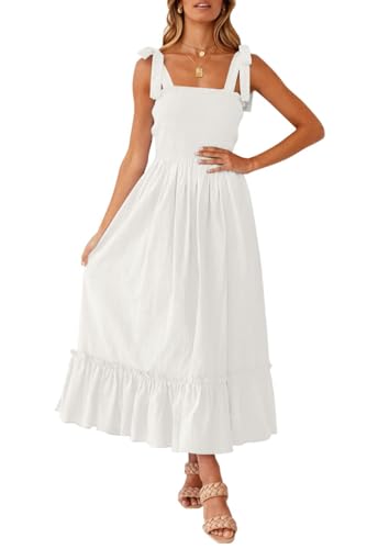 ZESICA Women's 2025 Summer Boho Spaghetti Strap Square Neck Solid Color Ruffle A Line Beach Long Maxi Dress