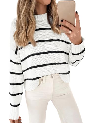 LILLUSORY Womens Cropped Striped Sweater Casual Pullover Ribbed Knit Cute Crewneck Sweaters