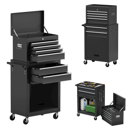 ERGOMASTER Rolling Tool Chest and Cabinet with 6-Drawers - Includes 4-Drawers Removable Top Box, 2-Drawer Capacity Tool Storage, Wheels and Locking System for Convenient and Safe Tool Storage-Black