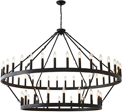 JKLX Extra Large Wagon Wheel Chandelier 2 Tier Black Farmhouse Pendant Light Fixture, Round Rustic Hanging Lighting for High Ceilings Dining Living Room, Foyer, Entryway