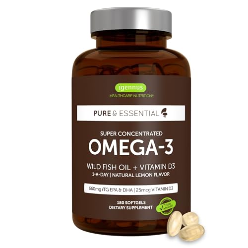 Igennus Advanced rTG Omega-3 IFOS Certified Wild Fish Oil & Vitamin D3, 1-a-Day, Fatty Acids EPA & DHA, Fast-Acting Triglyceride Form, Ultra Pure & Non-GMO, Softgels