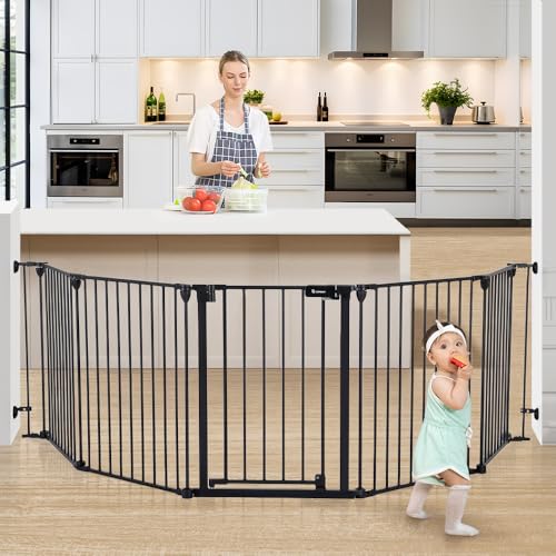 COMOMY 80" Extra Wide Baby Gate, Dog Gate for House Stairs Doorways Fireplace, Auto Close Pet Gate with Door Walk Through, 3 Metal Panels, Hardware Mounted Baby Fence Indoor Outdoor