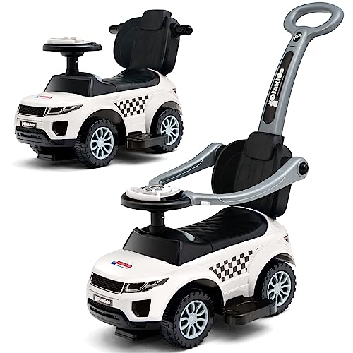 OLAKIDS 4 in 1 Ride on Push Car, Toddlers Stroller Sliding Walking with Horn, Music, Lights, Removable Guardrails and Handle, Underneath Storage, Foot-to-Floor Walker for Boys Girls
