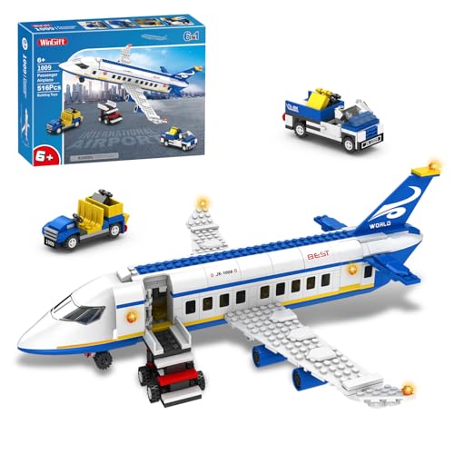 WINGIFT 516 Pcs City Passenger Airplane Building Set, 6 IN1 Plane Building Blocks Toys, STEM Aircraft Bricks with Shuttle Bus, Baggage Truck,Airplanes Model Toys Gifts for Adults Boys Girls Age 6-12+