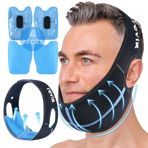 REVIX Wisdom Teeth Ice Pack Head Wrap with 3D Sewing Jaw Ice Wrap for Face, TMJ, Tooth Extraction and Teeth Removed, Extra Snug Fit with 4 Hot Cold Gel Packs Reusable, Black
