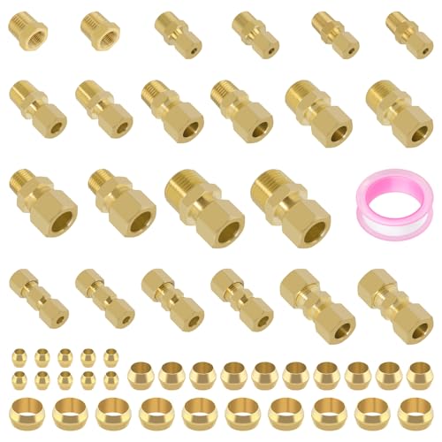 Taiidaues Brass Compression Tube Pipe Fittings Assortment Kit, 1/8" 3/16" 1/4" 5/16" 3/8" 1/2" OD Compression Union Connector & Compression Sleeves Ferrules