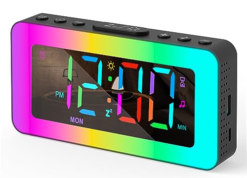 Alarm Clocks for Bedrooms, Mirrored Clock with 8 RGB Atmosphere Light, Dual Alarms, 3 Alarm Modes, Snooze, Sleep Aid, Timer, USB Charger, Bedside Digital Alarm Clock for Kids, Adults, Heavy Sleepers