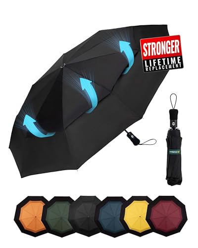 Chakipee Travel Compact Umbrella Windproof - Portable Automatic Umbrellas for Rain, Folding Umbrella for Men and Women, Double Vented Canopy 210T Fabric 102cm Span - 9 Ribs Black Umbrella