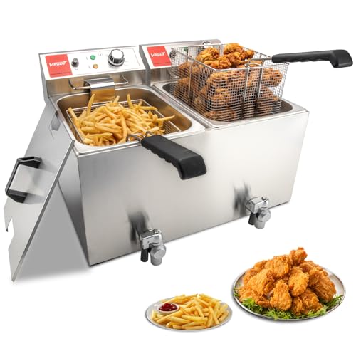 Valgus Dual Tanks Commercial Deep Fryer Electric 1700W 120V 26L Large Capacity Stainless Steel Countertop Kitchen Frying Machine with Basket & Lid, Drain System for Home Kitchen and Restaurant