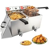 Valgus Dual Tanks Commercial Deep Fryer Electric 1700W 120V 26L Large Capacity Stainless Steel Countertop Kitchen Frying Machine with Basket & Lid, Drain System for Home Kitchen and Restaurant