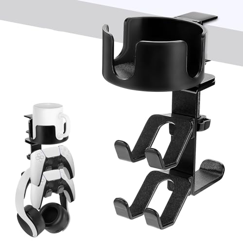welltop 4 in 1 Controller Holder with Cup Holder & Headphone Hanger, Rotatable Under Desk Clamp Controller Holder Dual Gamepad Headset Stand Gaming Desk Accessories for Xbox, PS4, PS5, PC, Switch