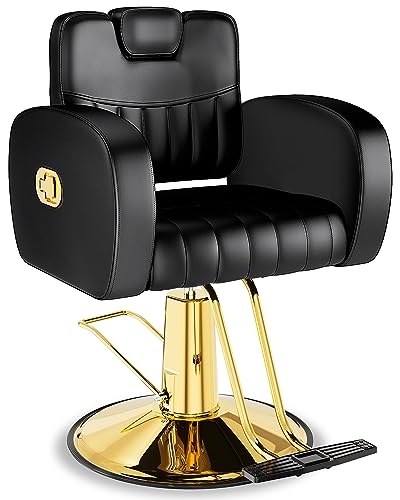 Baasha Black & Gold Reclining Salon Chair - All Purpose Hydraulic Barber Chair with Removable Headrest - Comfortable Styling Chair for Makeup, Lash, Tattoo, Braiding & Shaving, 440 lbs Cap.