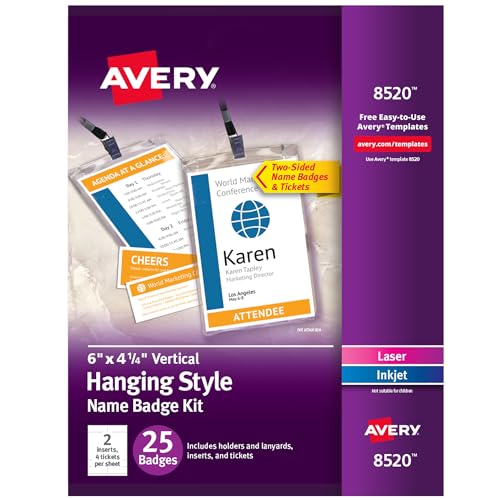 AVERY Vertical Name Badges 6 x 4.25 Inch | With Plastic Holders | With Lanyards | For ID Cards | 75 Badges, 150 Tickets