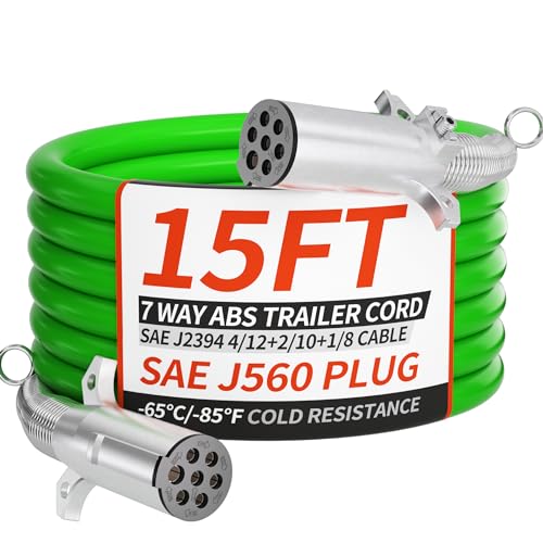 PlugSaf 7 Way Trailer Cord 15 FT ABS Heavey Duty, Flexible -85°F Cold Resistance Straight Electrical Power Cable Green for Semi Trailers Trucks Tractors, 4/12+2/10+1/8 Gauge Wire Cable