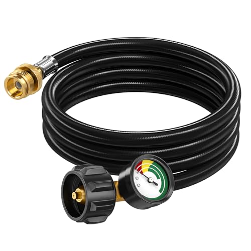 Alloxity12FT Propane Hose Adapter 1lb to 20lb with Gauge, Propane Tank Adapter 20 lb to 1 lb Converter, Gas Line Hose for Weber Q Grill, Coleman Camp Stove, Blackstone Griddle, Buddy Heater
