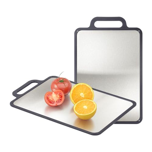 Double-Sided Solid Stainless Steel Cutting Board for Kitchen, 304 Grade & Dishwasher Safe - Non-Slip with Juice Groove, Perfect for Meat and Veggies, 15.3x9.6 Inch