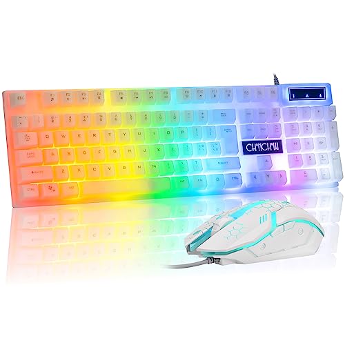CHONCHOW LED Keyboard and Mouse Combo, 104 Keys Rainbow Backlit Keyboard and 7 Color RGB Mouse, White Gaming Keyboard and Mouse Combo for PC Laptop Xbox PS4 Gamers and Work