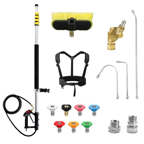 RAYNEL 24FT Telescoping Pressure Washer Extension Wand with Brush Head, 2 Power Washer Extension Wands, Gutter Cleaner Attachment, 7 Spray Nozzle Tips, Support Belt and 2 Hose Adapters