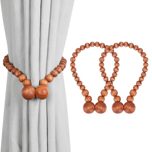 Magnetic Wood Bead Curtain Tiebacks, Boho Farmhouse Curtain Tie Backs, Curtain Holdbacks for Thin or Thick Window Draperies