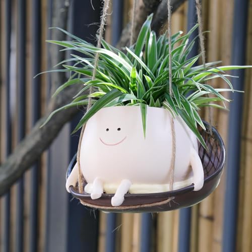 UMESONG Hanging Swing Chair Planter Pot Resin Smiley Face Planter for Indoor Outdoor Plant Unique Head Flower Pots for String of Pearls Plant Live IdeaI for Mother Day, Christmas