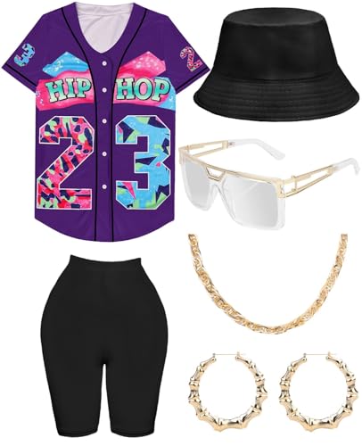 80s 90s Outfit for Women, Unisex Hip Hop Costume Baseball Jersey Shirt Yoga Pants Bucket Hat Gold Chain Rapper Accessories