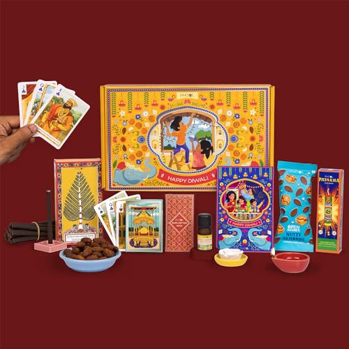 Book Cover Phool Diwali Gift Hamper - Treasures Gift Box I 9 Handcrafted Inclusions I Includes Playing Cards, Handmade Diyas, Nuts and Almonds, Diwali Greeting Card I Diwali Gift Hamper for Gifting