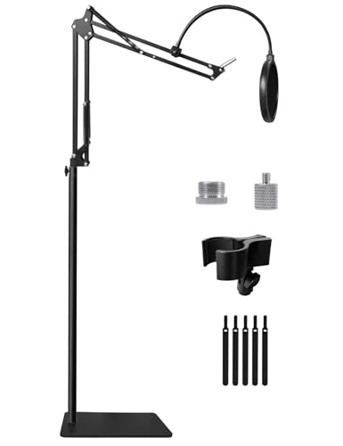 Mic Stand Floor Boom Arm for Blue Yeti, Nano, Snowball, HyperX QuadCast, SM7B MV7, Fifine K688 and More Mic, Floor Microphone Stand with 3/8" to 5/8" 1/4" Screw, Pop Filter Mic Clip Cable Ties