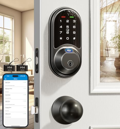 Veise RZ07C Smart Locks for Front Door, 2 Knob Handle Set, Fingerprint Keyless Entry, App Control Biometric Lock, Electronic Digital Touchscreen Keypad Deadbolt, Easy Install, Auto Lock