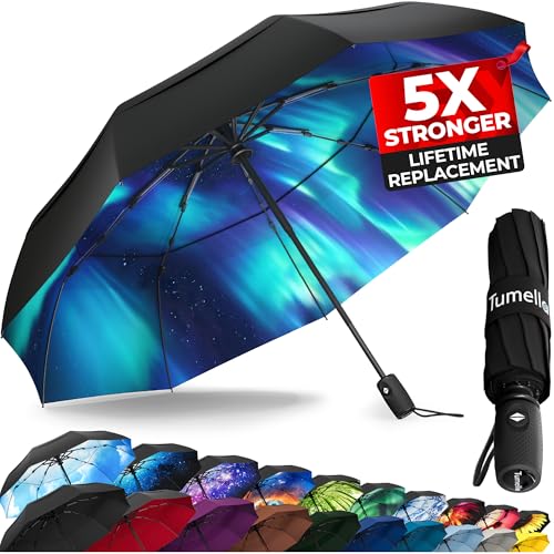 TUMELLA Strongest Windproof Travel Umbrella (Compact, Superior & Beautiful), Small Strong but Light Portable and Automatic Folding Rain Umbrella, Durable Premium Grip, Fits Car & Backpack