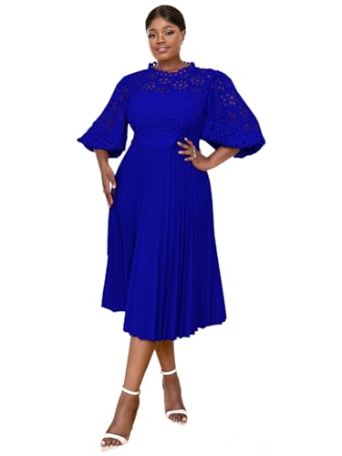 AOMEI Women's Elegant Lace Patchwork A-line Midi Pleated Hollow Out Lantern Sleeve Dress