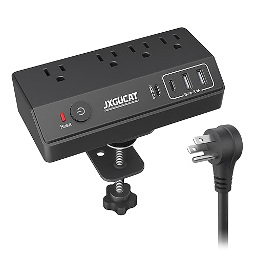 Desk Clamp Power Strip with USB C, JXGUCAT PD 20W Fast Charging Power Station, Removable Desk Clamp Mount Power Strip Surge Protector, 10 ft Cord with 4 Outlet 4 USB Ports, Fit 1.8" Tabletop Edge