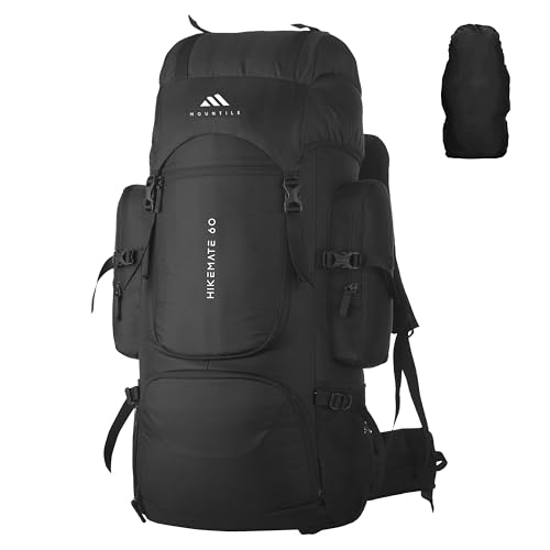 MOUNTILE HIKEMATE 60L Travel Backpack with Water Proof Rain Cover, Shoe Compartment - Camping Hiking Rucksack Trekking Bag (Black) - MTL02