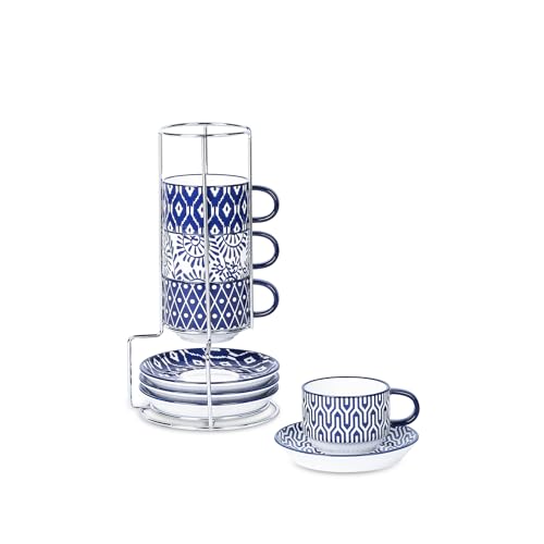 Selamica Ceramic Espresso Cups with Saucers and Metal Stand, 2.5 OZ Stackable Porcelain Cappuccino Cups, Demitasse Cups for Espresso Latte Café Mocha Tea, Gift, Set of 4