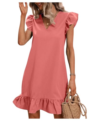 SOLY HUX Summer Dresses for Women V Neck Cap Sleeve Ruffle Hem Smock Short Dress