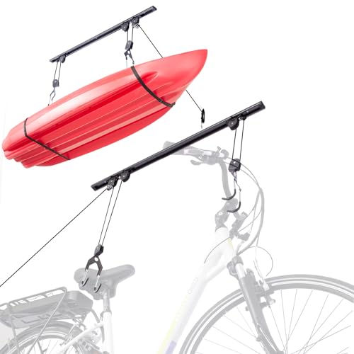 Bike Hoist- Heavy Duty for Space Saving - Road, Commuter & Mountain Bikes, Holds Kayaks & Ladders - No-Hassle Installation for Quick & Easy Access