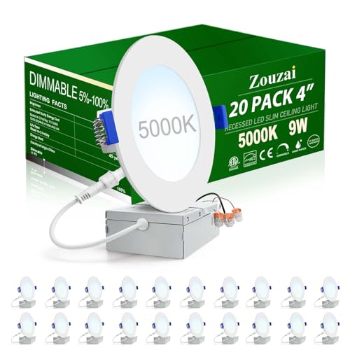 zouzai 20 Pack 4 inch 6 inch Ultra-Thin LED Recessed Ceiling Light with Junction Box 5CCT Adjustable Dimmable, Can-Killer Downlight - ETL and Energy Star Certified