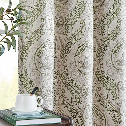 jinchan Linen Textured Curtains for Living Room Darkening, Medallion Drapes for Bedroom, Damask Pattern Flax Window Treatments Vintage Curtain Panels